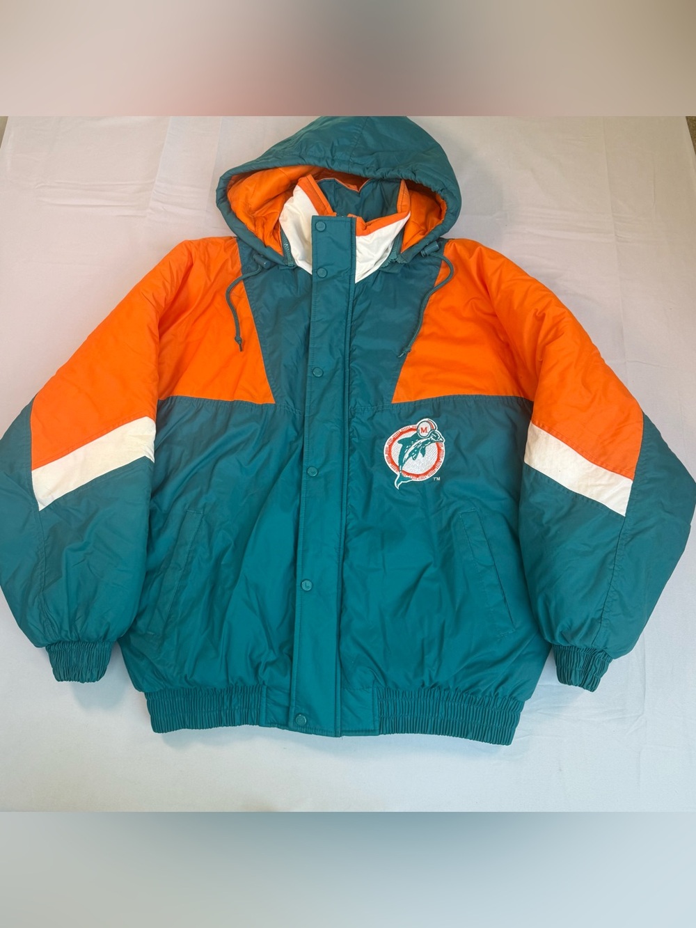 vintage 1990s Miami Dolphins colorblock hooded puffer jacket